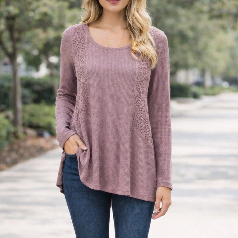 NWT Long sleeve waffle knit with lace trim Dusty Rose Womens Sz M $68 - Picture 1 of 12